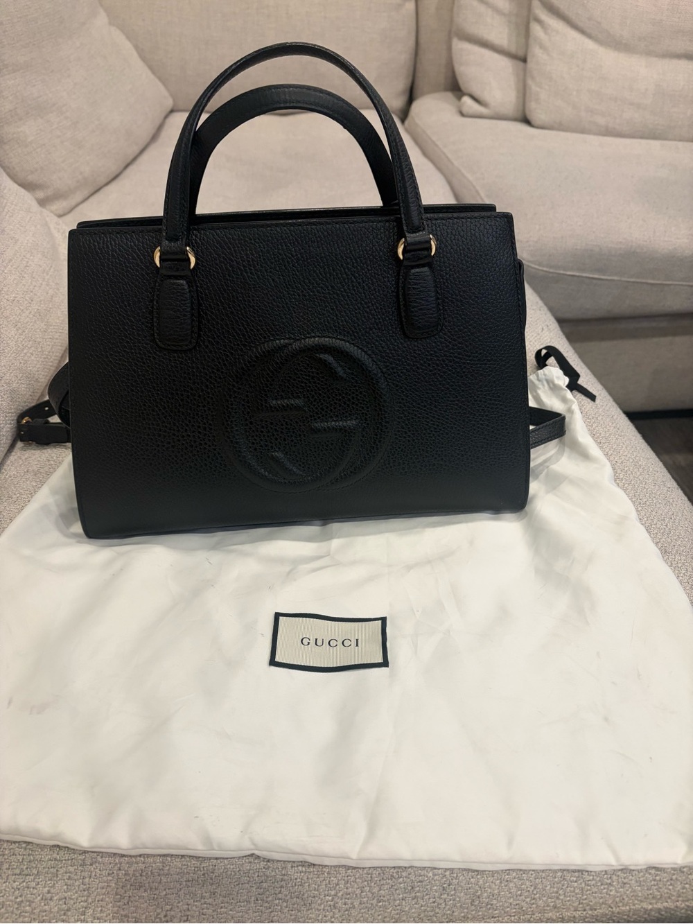 Gucci Black Pebbled Leather Satchel with Embossed GG